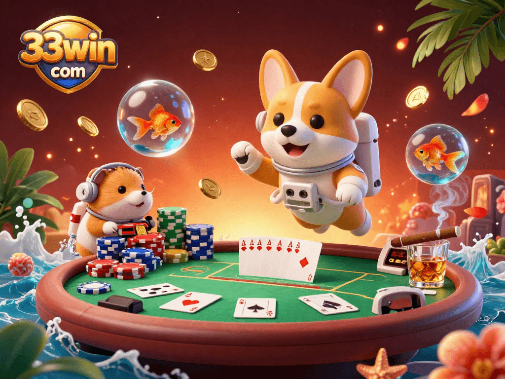 Experience thrilling gameplay at 33win com with vibrant casino elements floating around a corgi and hamster in a space setting.