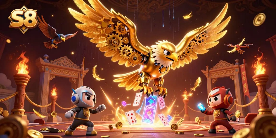 S8 presents an exhilarating dive into the casino world with a cybernetic eagle amid holographic playing cards.