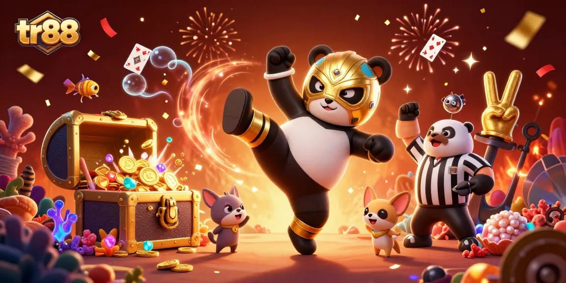 Win big at tr88 with an exhilarating scene of a wrestling panda and animal fans amid casino excitement.