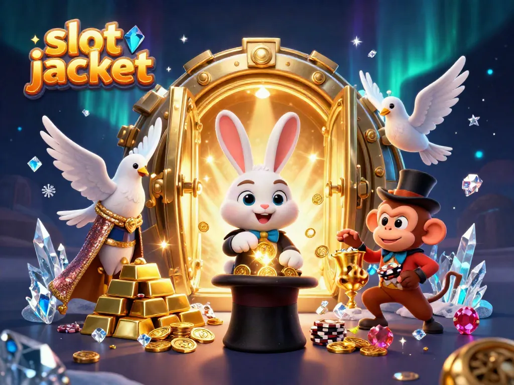 Witness the magic of the slot jackpot with a playful scene of a magician rabbit, dove, and monkey amidst a treasure trove.