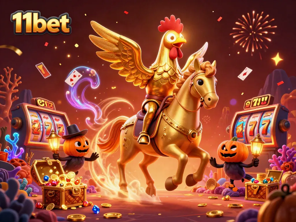 Join 11bet in an enchanting casino scene with golden rooster characters and vibrant game elements.