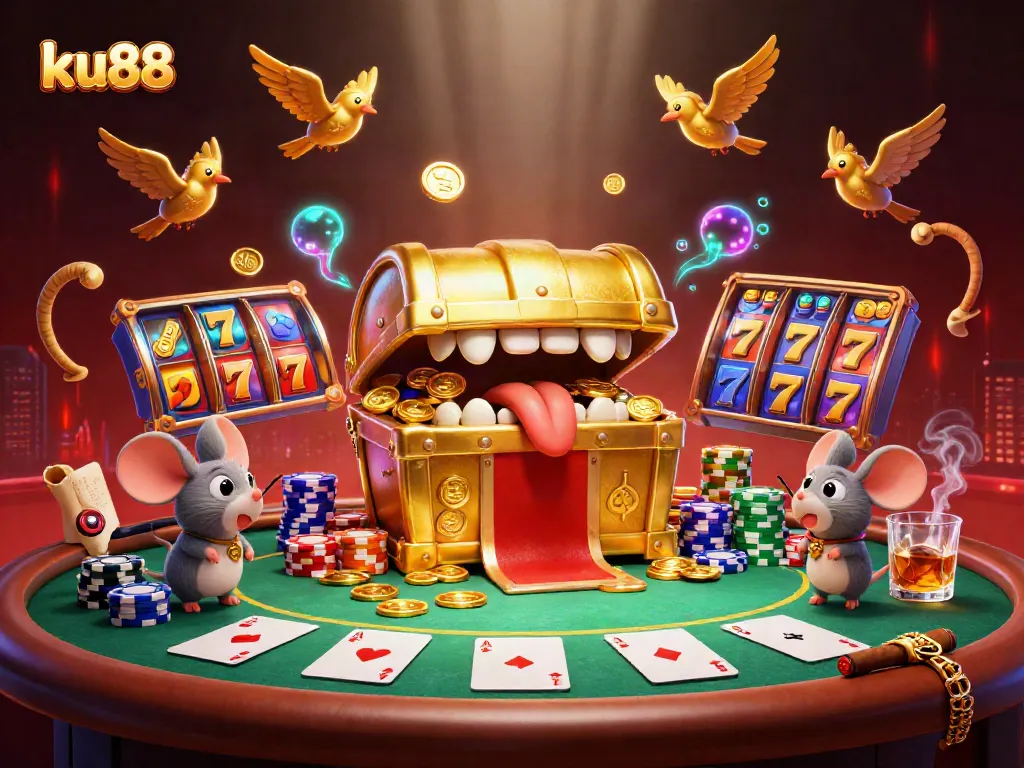 ku88 showcases an engaging 3D treasure chest scenario, enticing adventurer mice in a vibrant casino scene.