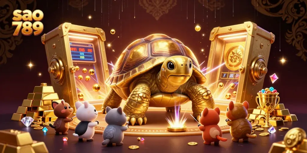 Experience the excitement of sao 789 with a golden tortoise and vibrant casino elements in an electrifying scene.
