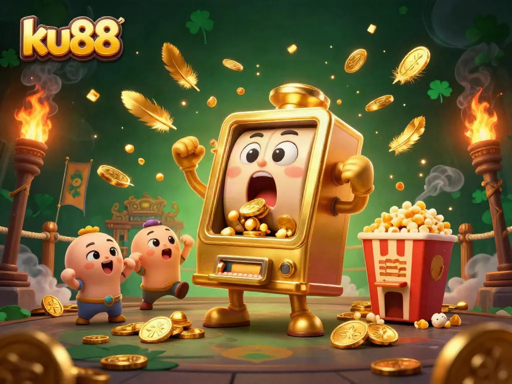 Experience exciting jackpots with the ku88 golden slot machine celebrating wins and overflowing coins.