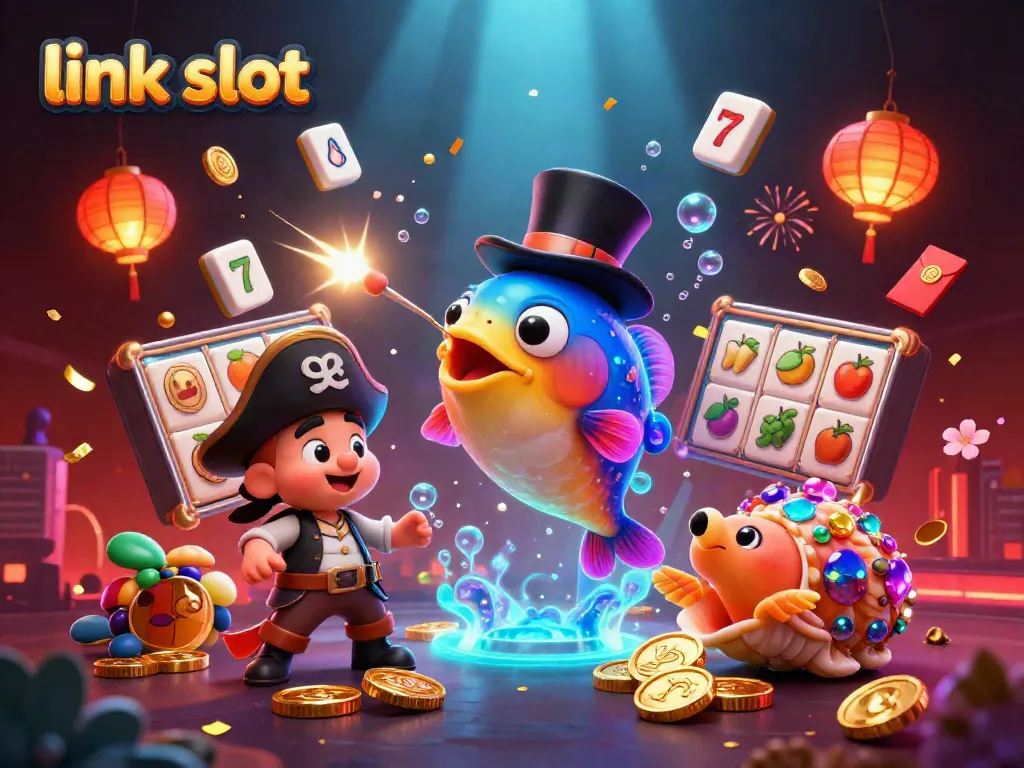 Winning jackpots with link slot visuals, featuring vibrant characters and dynamic casino elements.