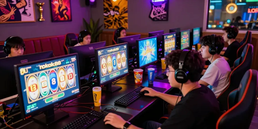 Exciting rokok88 slot gaming experience in a vibrant online gaming café.