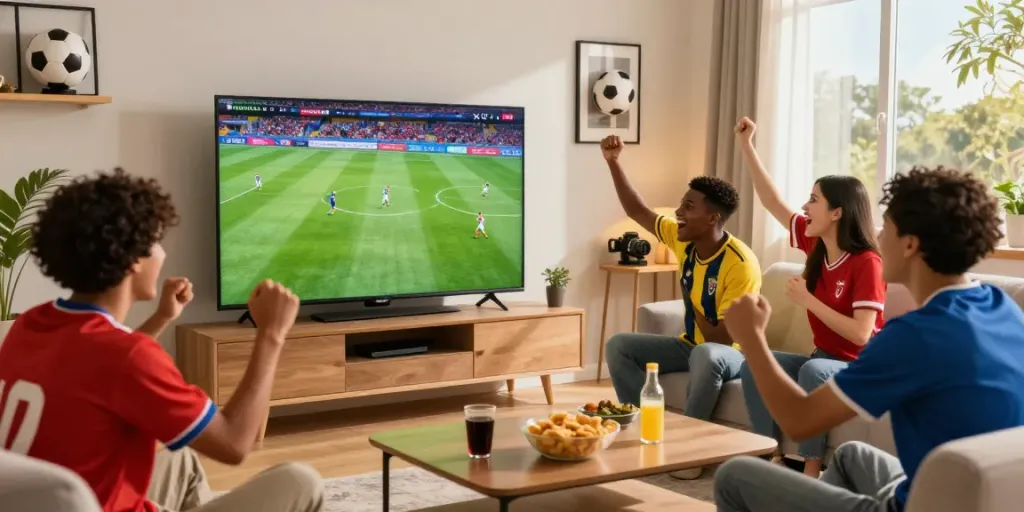 Soccer fans enjoying a live bóng đá xoilactv match in a lively living room with HD visuals.