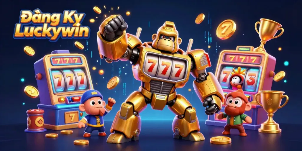 Experience thrilling moments with Đăng Ký Luckywin by joining the golden slot machine mech in an action-packed scene of gaming.