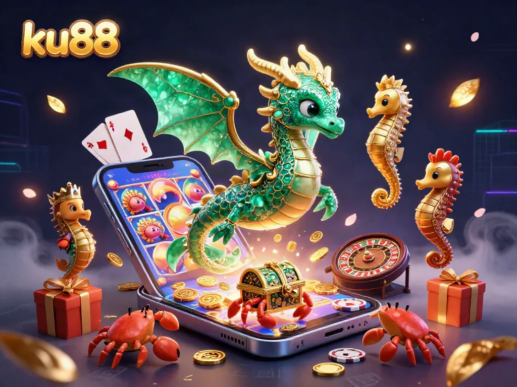 Experience the excitement of ku88 with a vibrant 3D scene filled with slot games, treasure, and casino action.