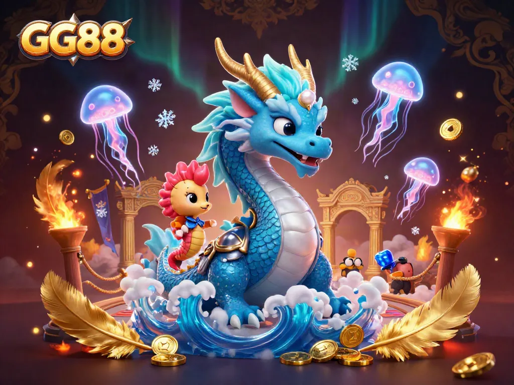 Engage with the vibrant GG88 casino art featuring a dragon, knight, and jellyfish in a dynamic gambling scene.