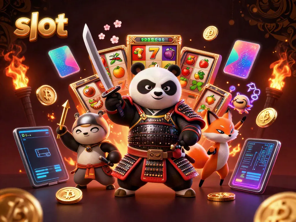 Engaging slot-themed illustration featuring samurai panda and ninja fox with jackpot elements.