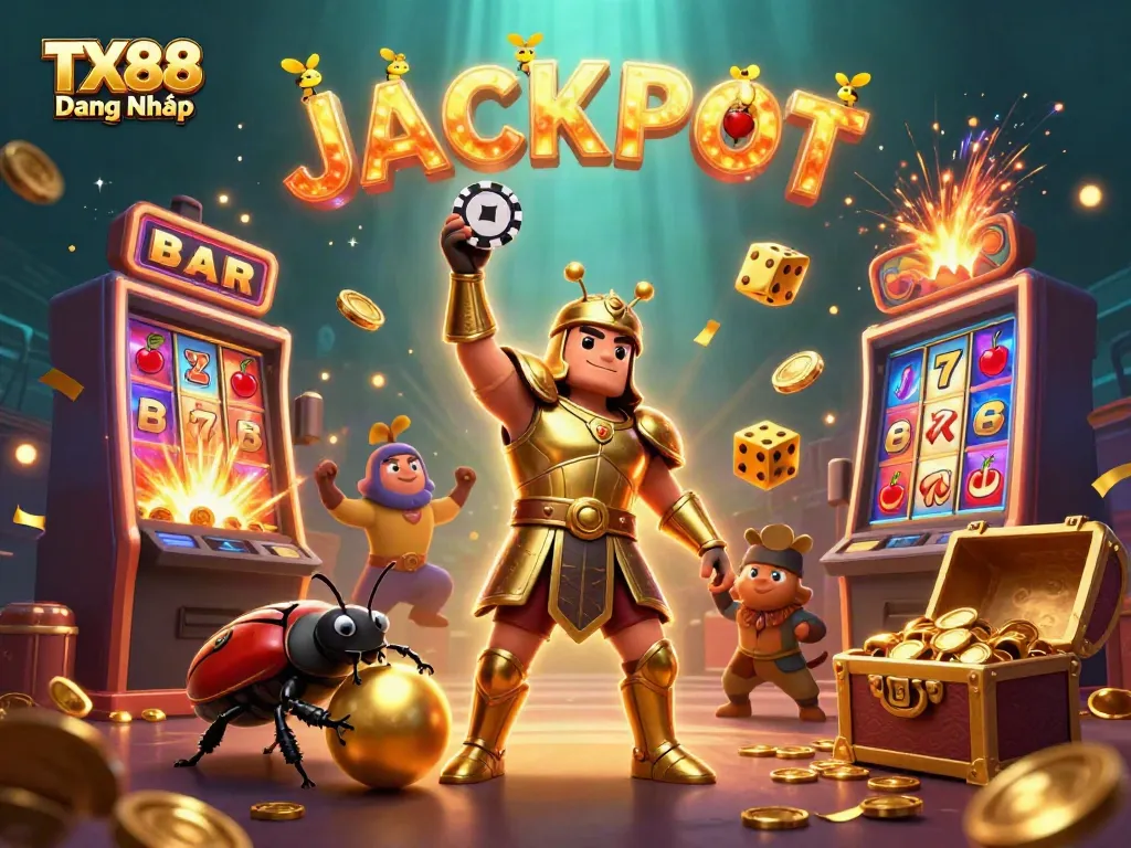 Experience the thrill of gambling with TX88 Đăng Nhập as the lucky hercules beetle claims victory in a vibrant casino scene.