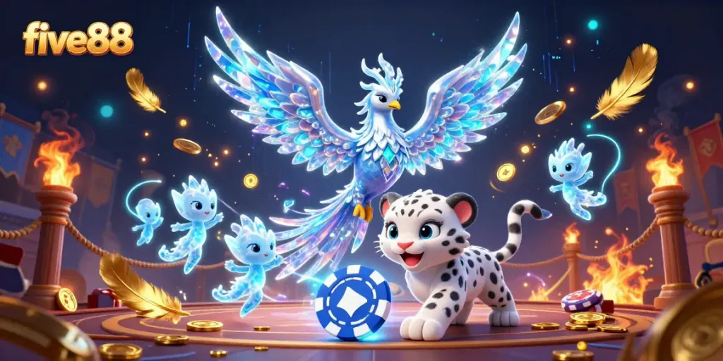 Engage with five88's thrilling digital casino world featuring an ice phoenix and vibrant elements.