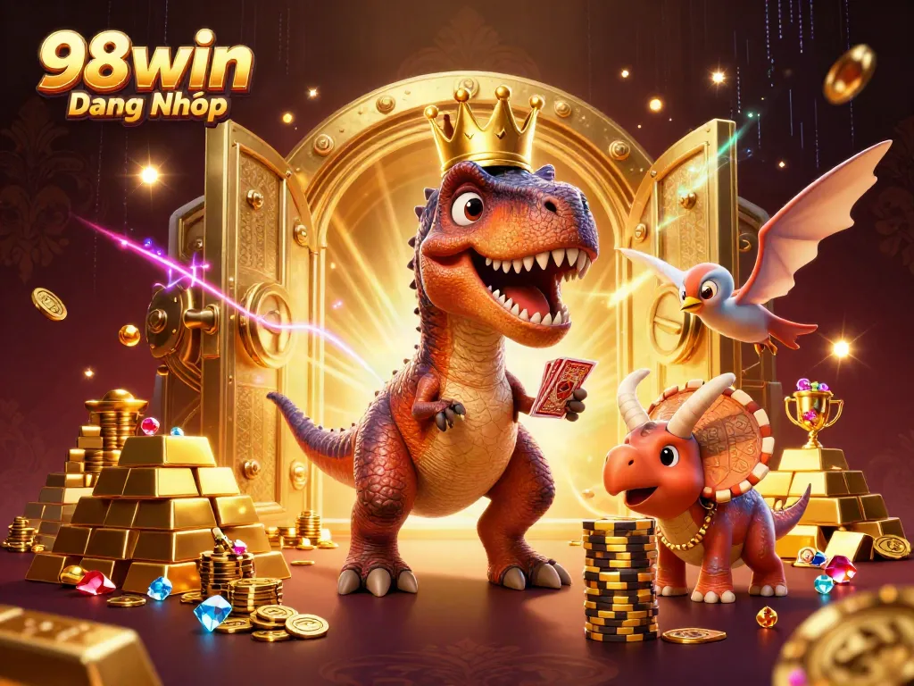 Join the colorful scene of 98win Đăng Nhập with playful dinosaurs and a golden treasure vault.