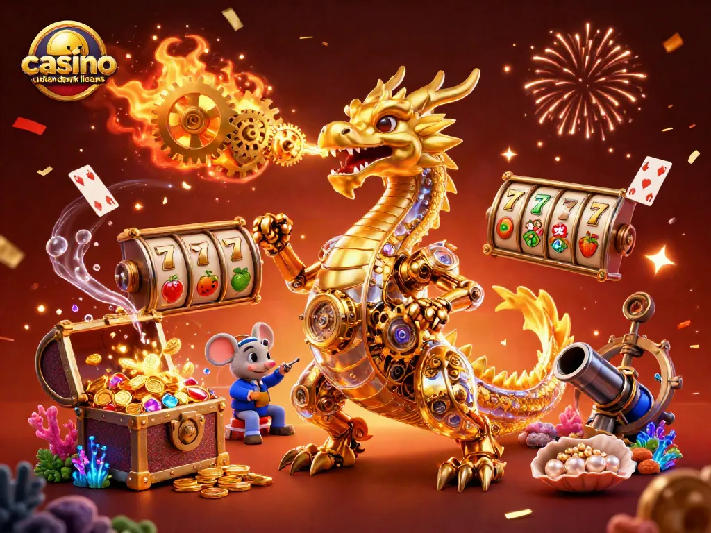 Play at casino uden dansk licens, featuring a golden dragon, slot reels, and underwater treasures.