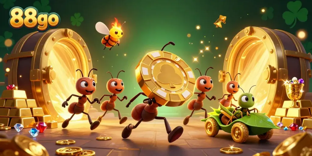 Ants heist scene with a giant poker chip in 88go-themed casino illustration.