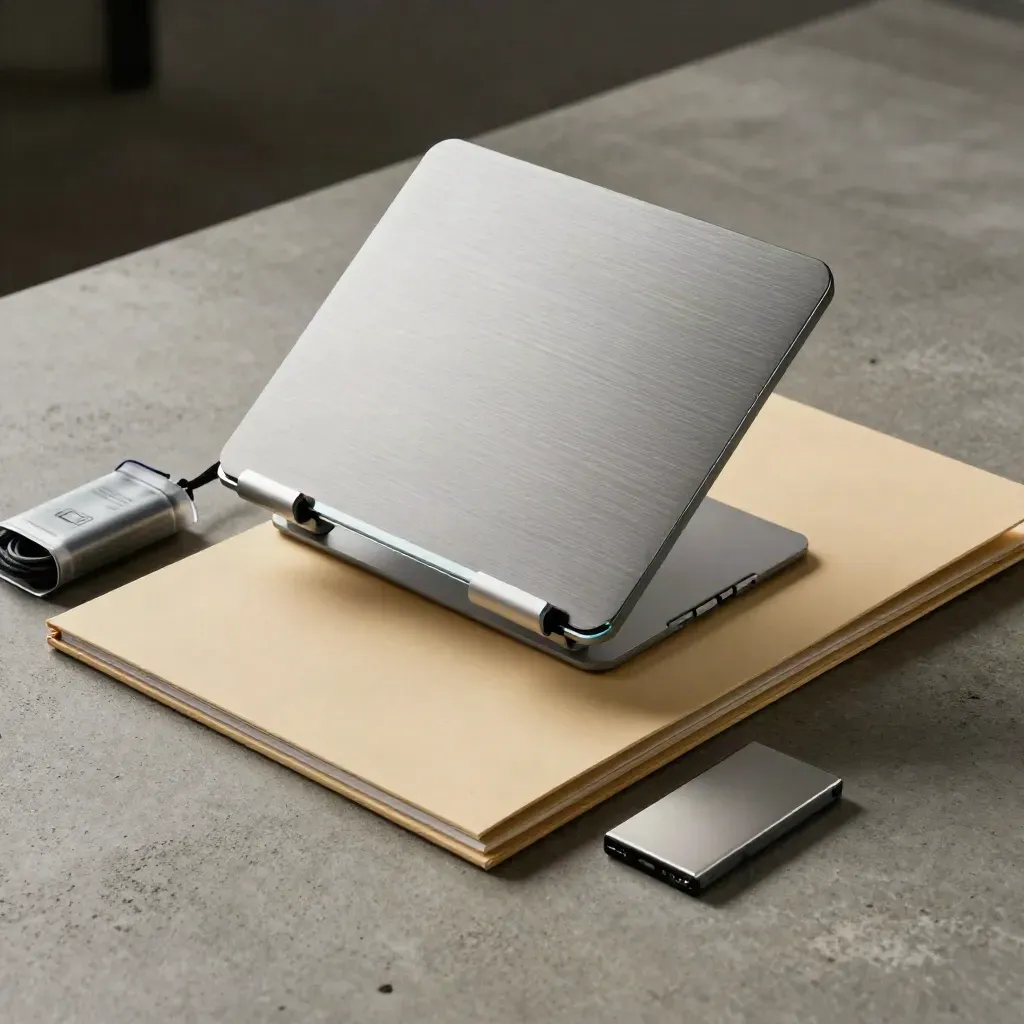 Top-down onboarding kit with laptop stand, cable pack, folders and SSD on concrete.