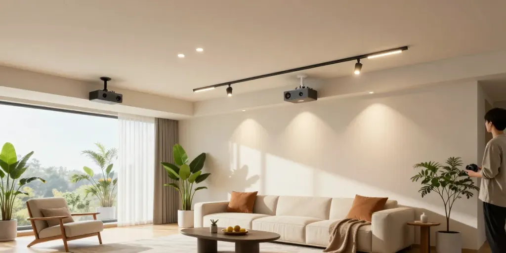 Iluminat modern cu sina magnetică încastrată și spoturi LED în interior elegant