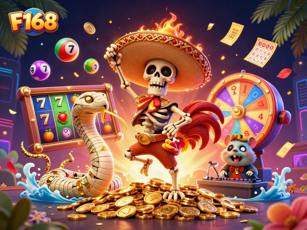 Engage with F168’s vibrant slot reels and lucky symbols within a thrilling party scene.
