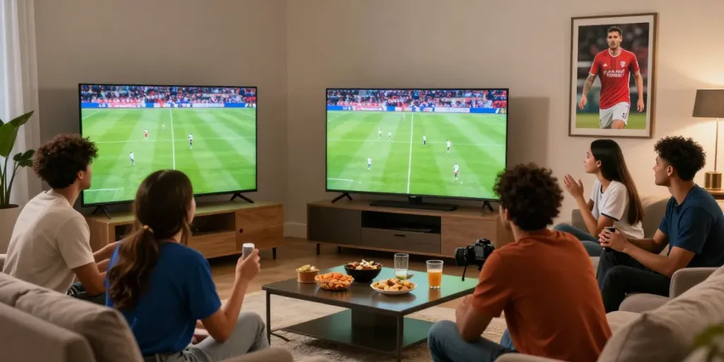 Fans enjoying a live football match in full HD on a large screen, showcasing their excitement and camaraderie.