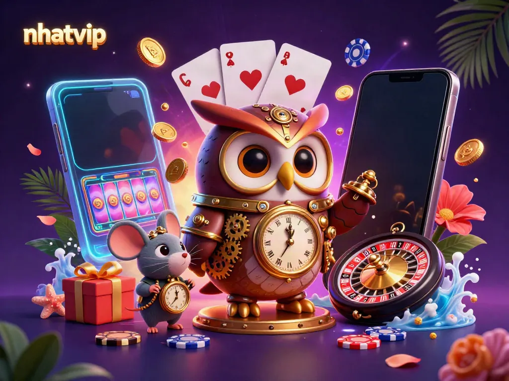 Nhatvip gaming experience illustrated with a time-traveling owl and casino elements, showing dynamic gameplay.