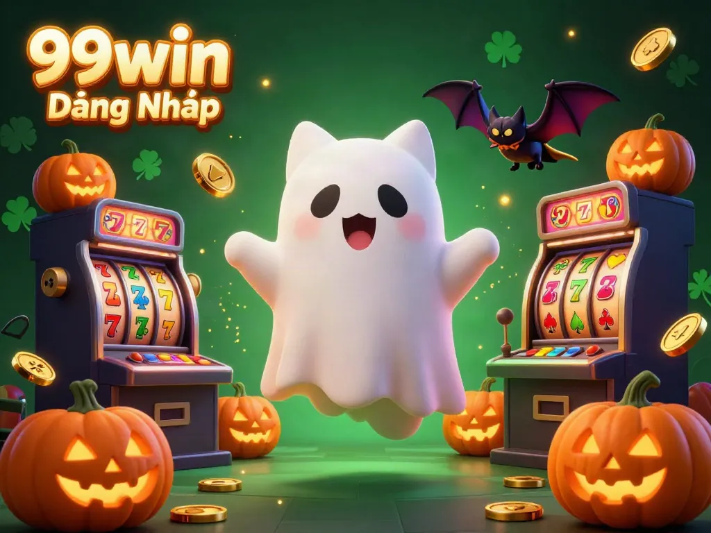 Experience excitement at 99win Đăng Nhập with a friendly ghost cat in a vibrant casino scene.