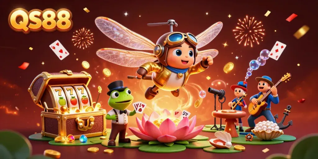 Experience the excitement of QS88 with a vibrant casino scene, showcasing fun characters and thrilling gaming elements.