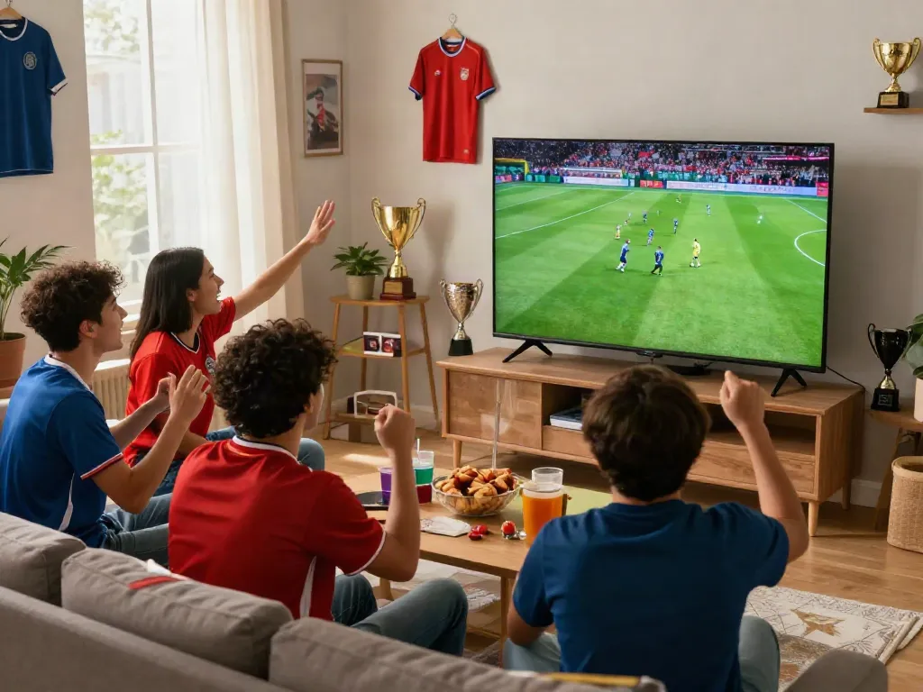 Viewers enjoying an exciting match on trang bóng thapcamtv in a lively living room.