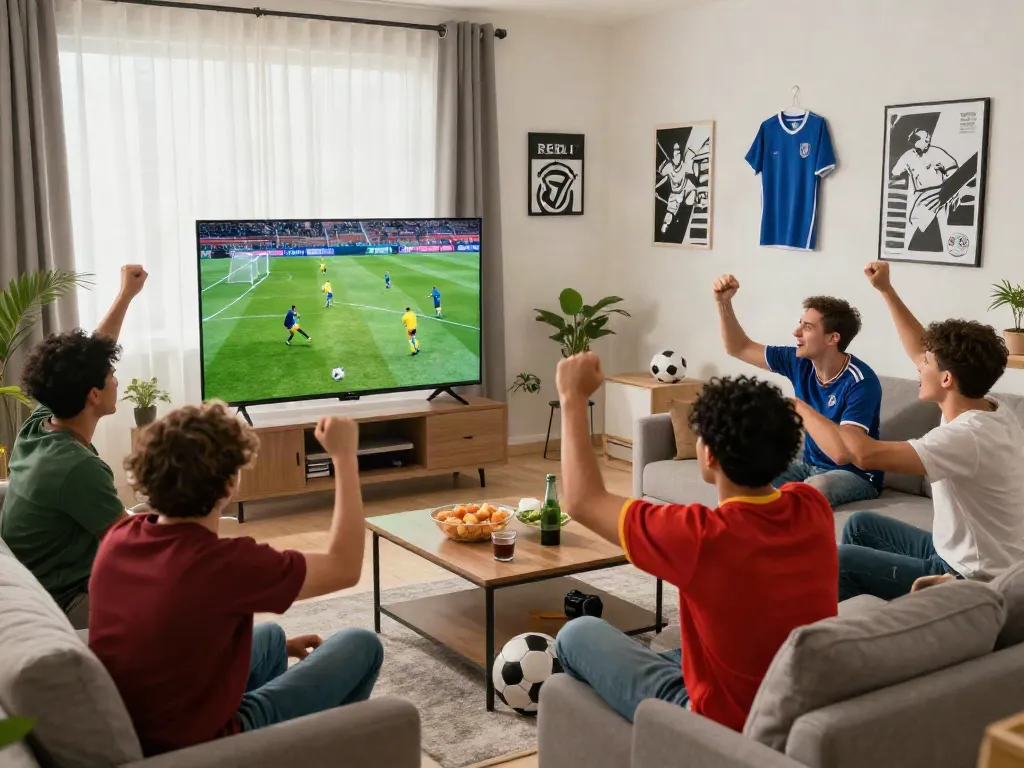Fans enjoying bóng đá cakhiatv in a lively living room, celebrating a match with snacks and drinks.
