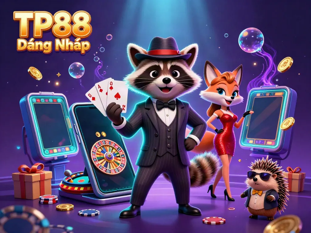 Engage in exhilarating gaming experiences with TP88 Đăng Nhập featuring a raccoon with a royal flush and vibrant casino elements.