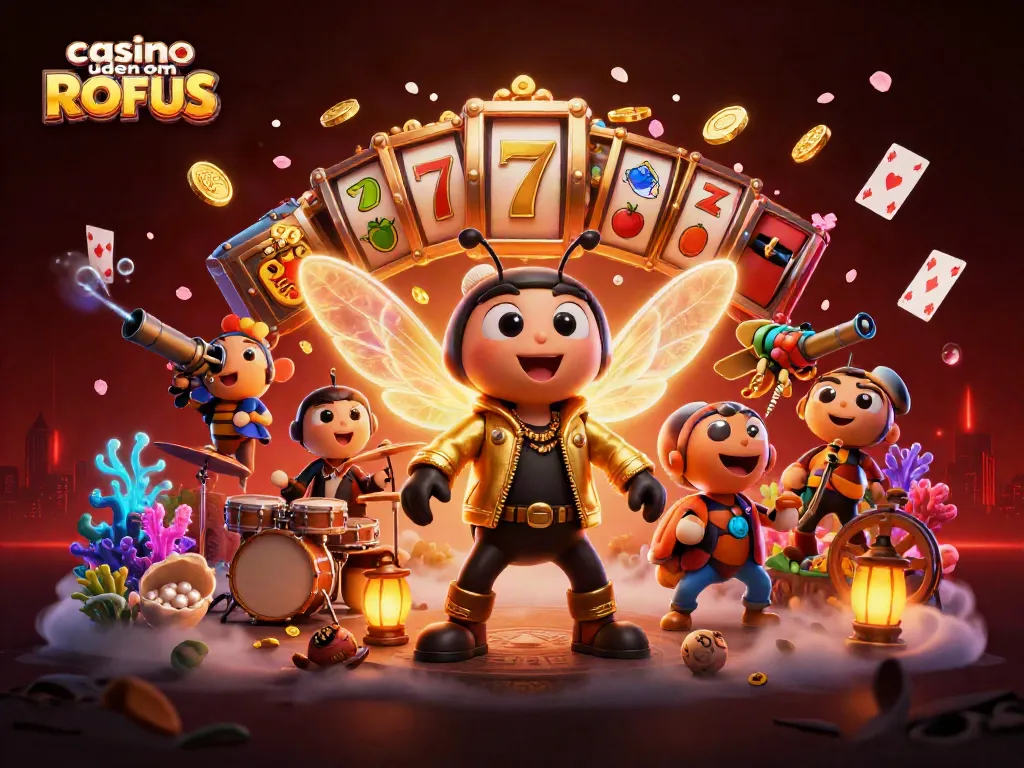 Experience thrilling action at casino uden om ROFUS with a vibrant 3D illustration featuring exciting games and characters.