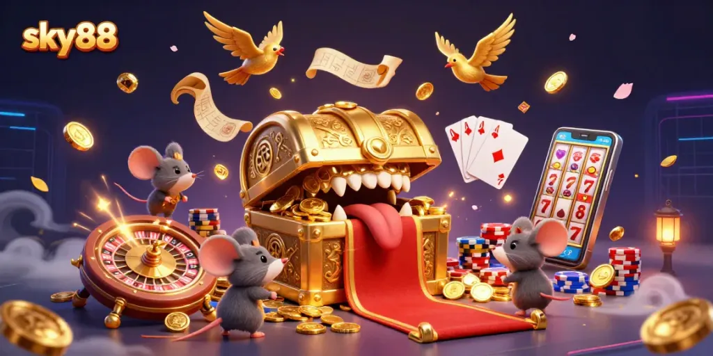 Sky88 excites players with a dynamic 3D casino scene featuring treasures, games, and rich visuals.