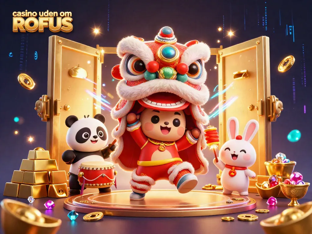 Experience excitement at casino uden om ROFUS with vibrant 3D characters performing a lion dance among treasures.