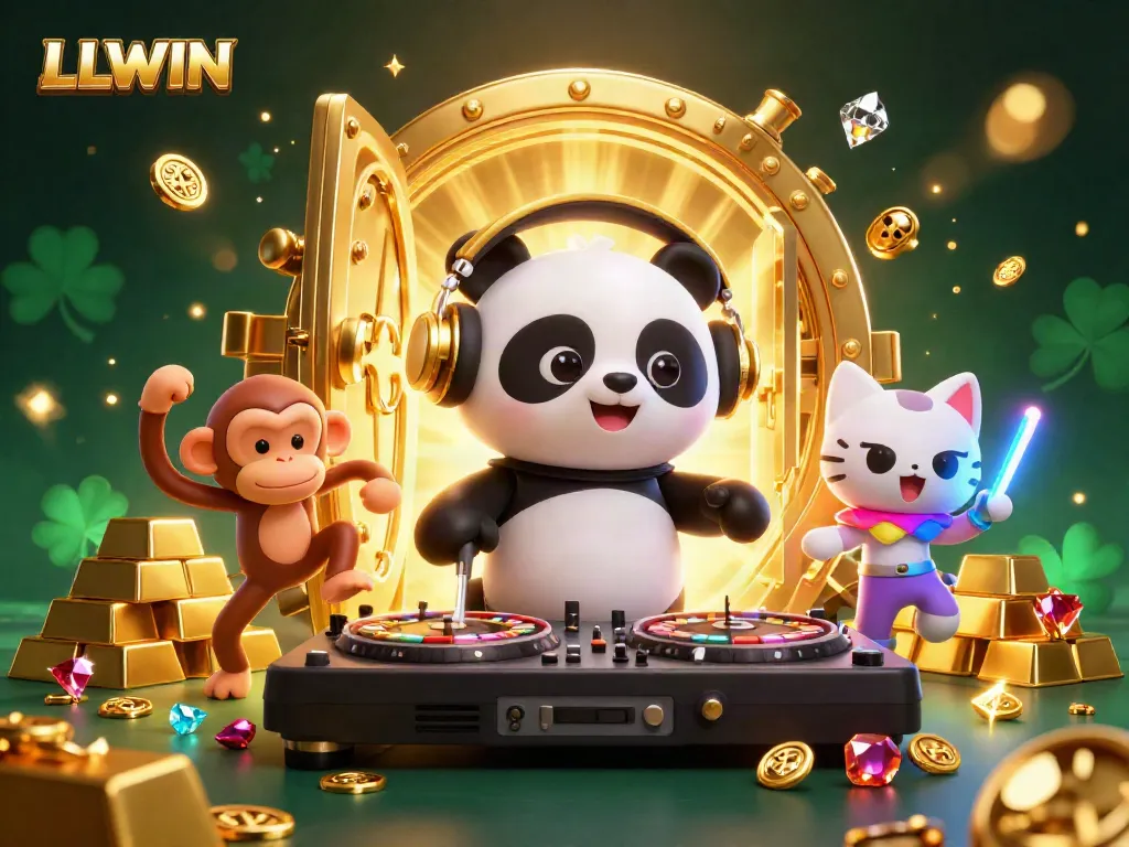 Experience the thrill of gaming with LLWIN's dynamic characters and rich casino environment, featuring golden treasures and vibrant effects.
