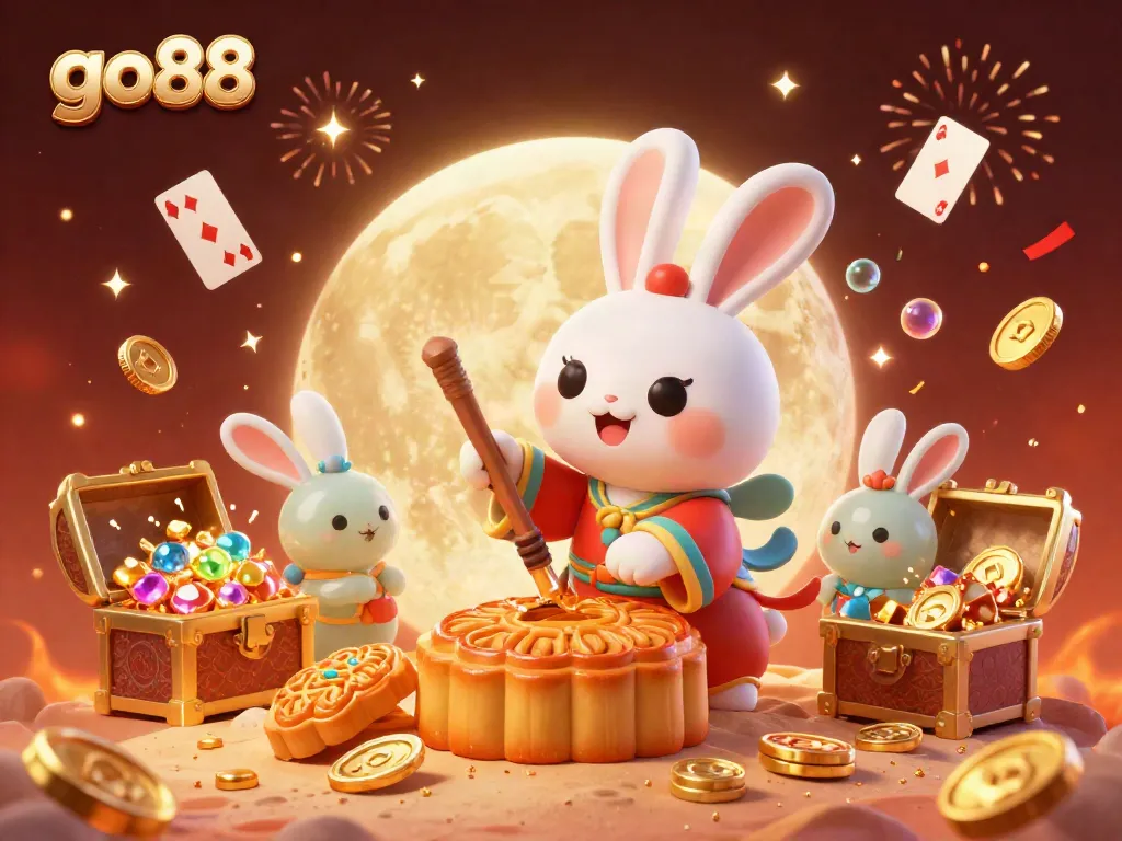 Experience the go88 excitement with a vibrant 3D illustration showcasing a moon rabbit and poker chips.