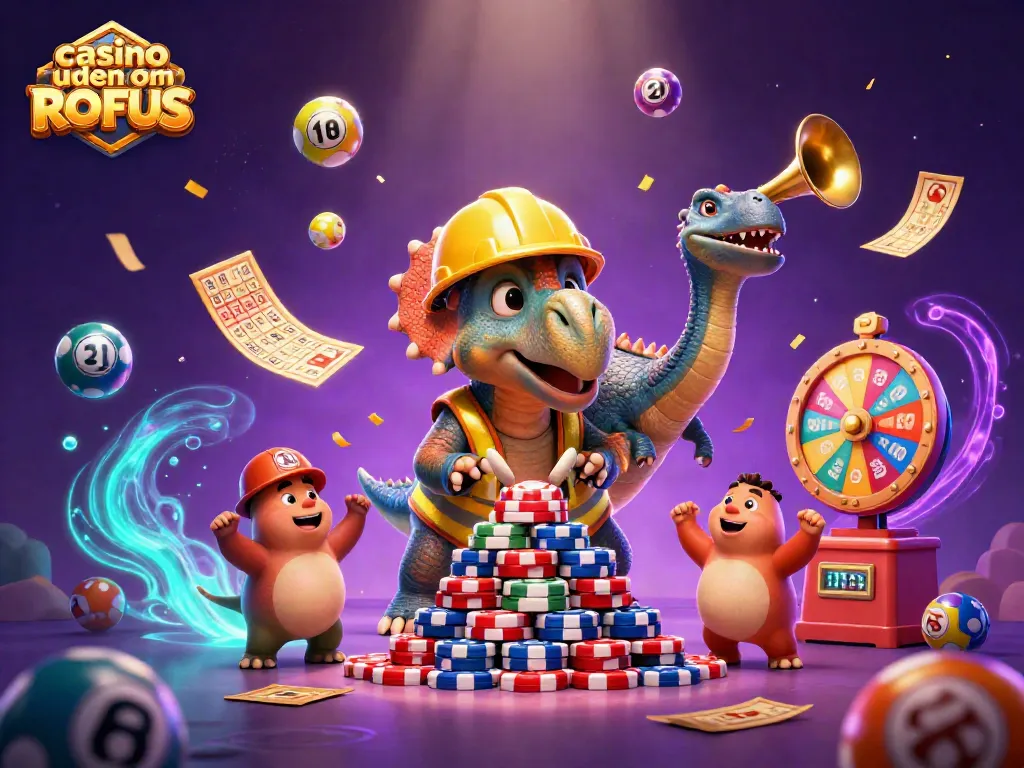 Celebreating at a casino uden om ROFUS with a triceratops building poker chips and joyful characters.