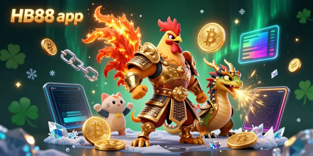 Experience the HB88 app with dynamic gaming action featuring cartoon warriors and cryptographic elements.